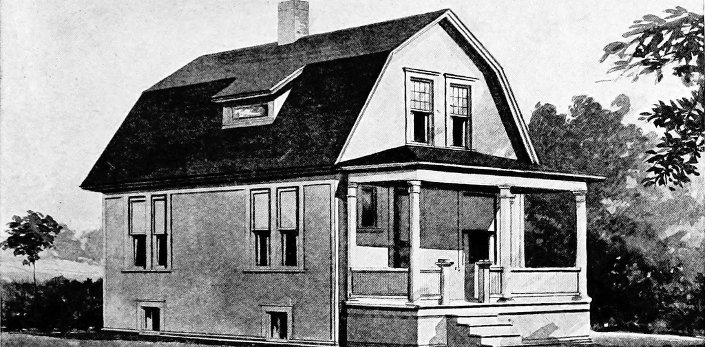 An illustration from Lumberman's house plan book : being a collection of one hundred absolutely new and attractive plans never before published, together with a selection of one hundred of our most popular houses published heretofore ... : 200 house plans, 1907, leaf 56