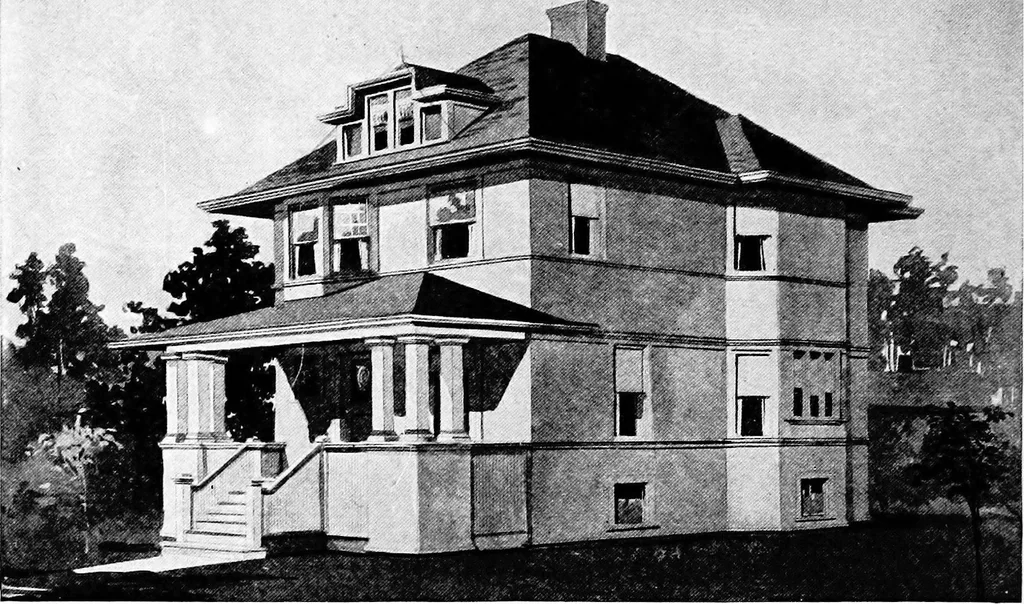 An illustration from Lumberman's house plan book : being a collection of one hundred absolutely new and attractive plans never before published, together with a selection of one hundred of our most popular houses published heretofore ... : 200 house plans, 1907, leaf 57