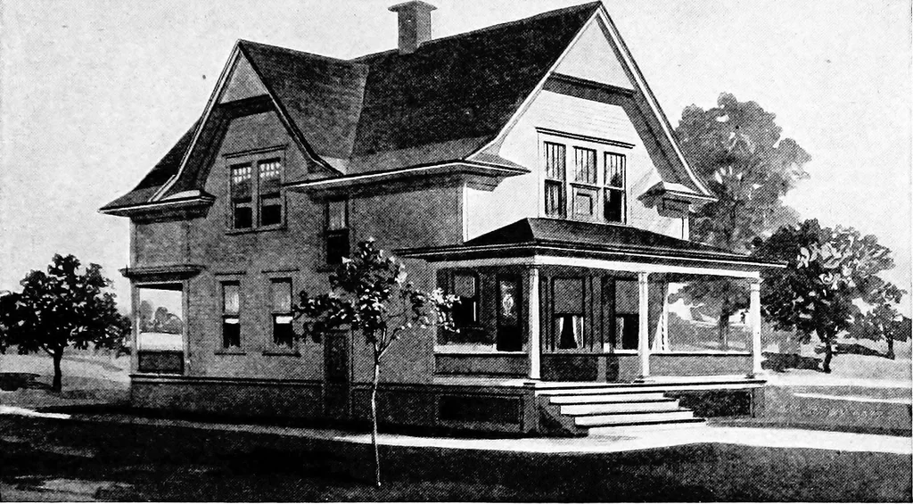 An illustration from Lumberman's house plan book : being a collection of one hundred absolutely new and attractive plans never before published, together with a selection of one hundred of our most popular houses published heretofore ... : 200 house plans, 1907, leaf 60