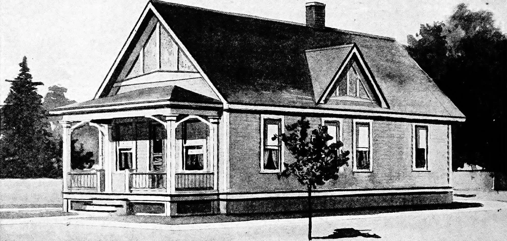 An illustration from Lumberman's house plan book : being a collection of one hundred absolutely new and attractive plans never before published, together with a selection of one hundred of our most popular houses published heretofore ... : 200 house plans, 1907, leaf 63