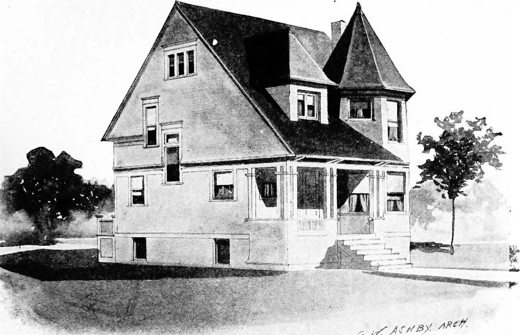 An illustration from Lumberman's house plan book : being a collection of one hundred absolutely new and attractive plans never before published, together with a selection of one hundred of our most popular houses published heretofore ... : 200 house plans, 1907, leaf 64