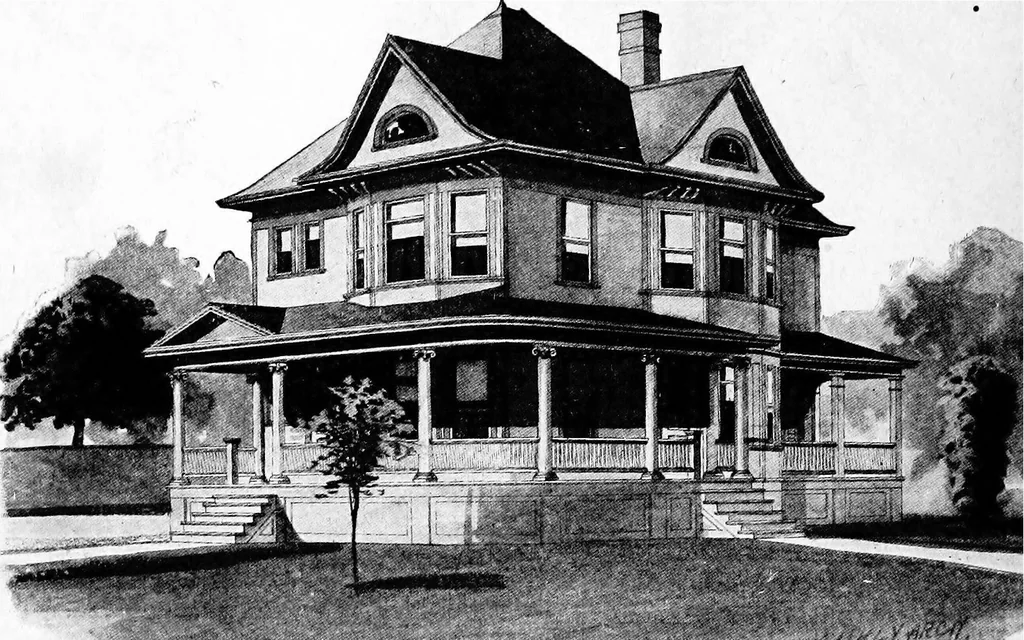 An illustration from Lumberman's house plan book : being a collection of one hundred absolutely new and attractive plans never before published, together with a selection of one hundred of our most popular houses published heretofore ... : 200 house plans, 1907, leaf 69