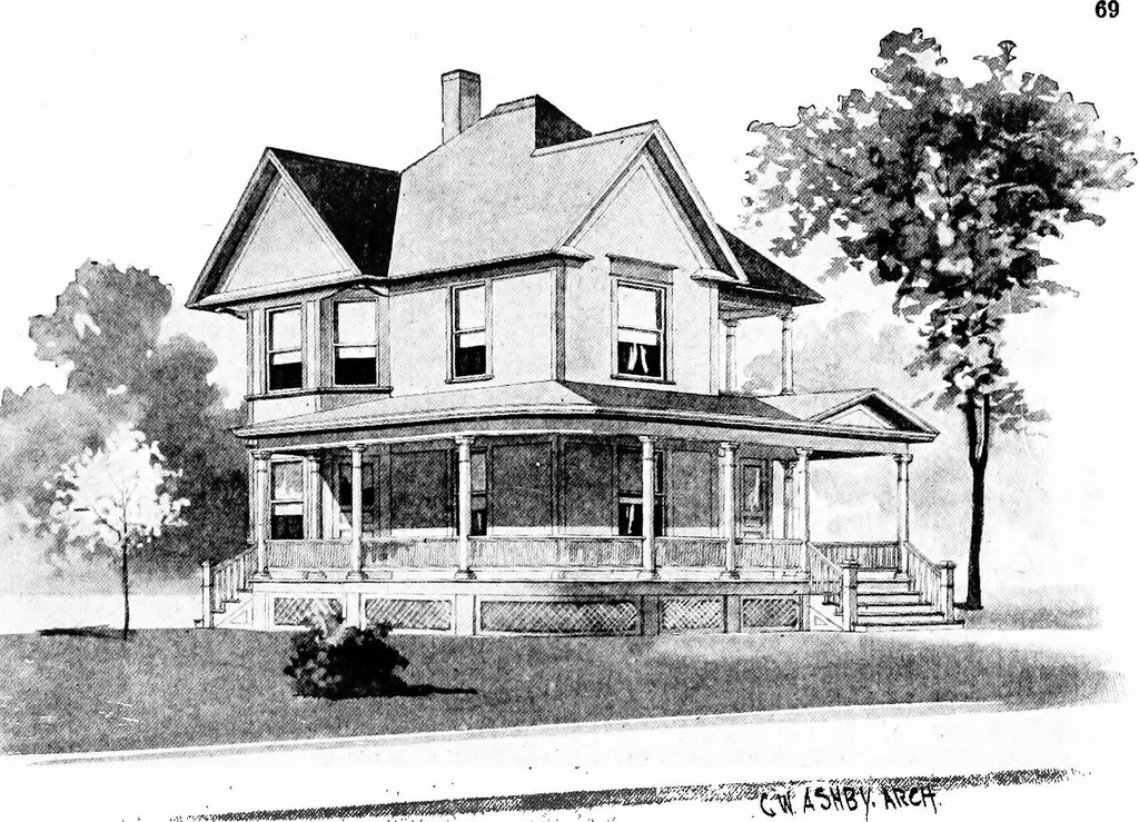 An illustration from Lumberman's house plan book : being a collection of one hundred absolutely new and attractive plans never before published, together with a selection of one hundred of our most popular houses published heretofore ... : 200 house plans, 1907, leaf 72