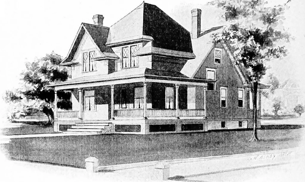 An illustration from Lumberman's house plan book : being a collection of one hundred absolutely new and attractive plans never before published, together with a selection of one hundred of our most popular houses published heretofore ... : 200 house plans, 1907, leaf 73