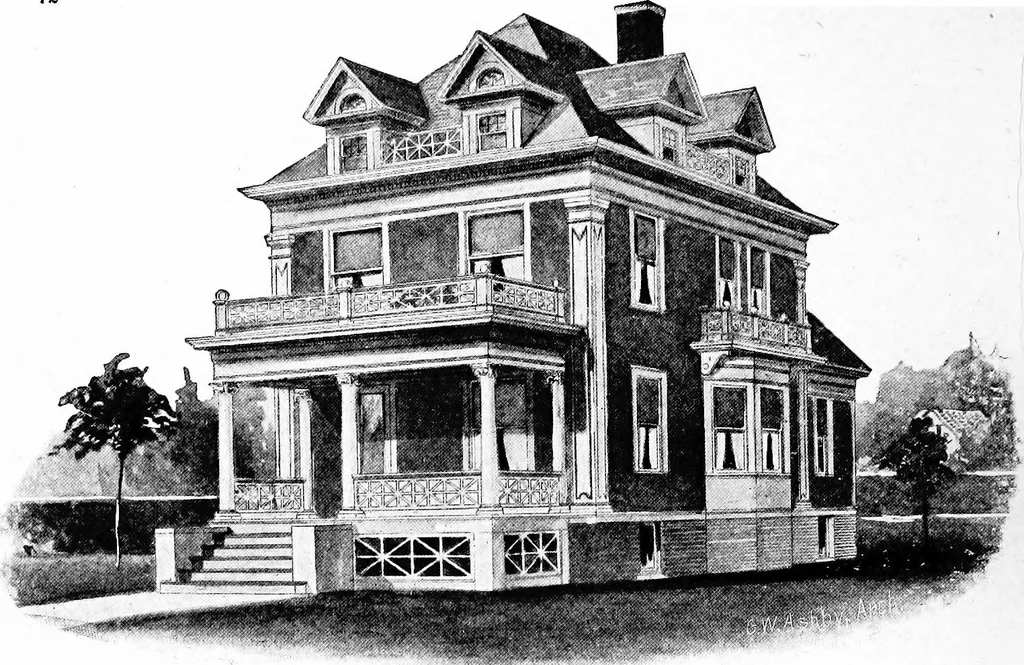 An illustration from Lumberman's house plan book : being a collection of one hundred absolutely new and attractive plans never before published, together with a selection of one hundred of our most popular houses published heretofore ... : 200 house plans, 1907, leaf 75