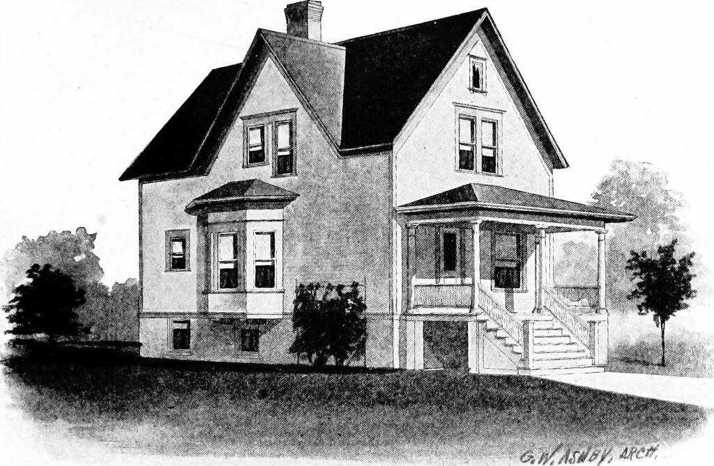 An illustration from Lumberman's house plan book : being a collection of one hundred absolutely new and attractive plans never before published, together with a selection of one hundred of our most popular houses published heretofore ... : 200 house plans, 1907, leaf 76