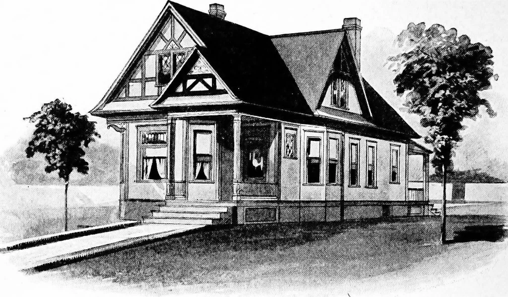 An illustration from Lumberman's house plan book : being a collection of one hundred absolutely new and attractive plans never before published, together with a selection of one hundred of our most popular houses published heretofore ... : 200 house plans, 1907, leaf 77
