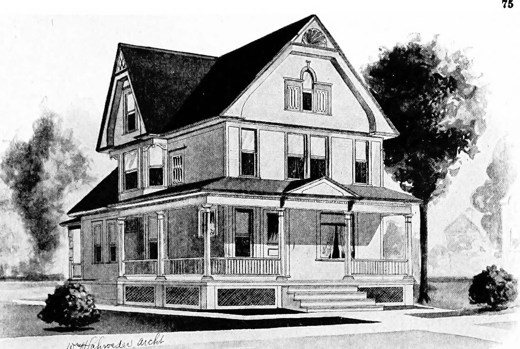 An illustration from Lumberman's house plan book : being a collection of one hundred absolutely new and attractive plans never before published, together with a selection of one hundred of our most popular houses published heretofore ... : 200 house plans, 1907, leaf 78