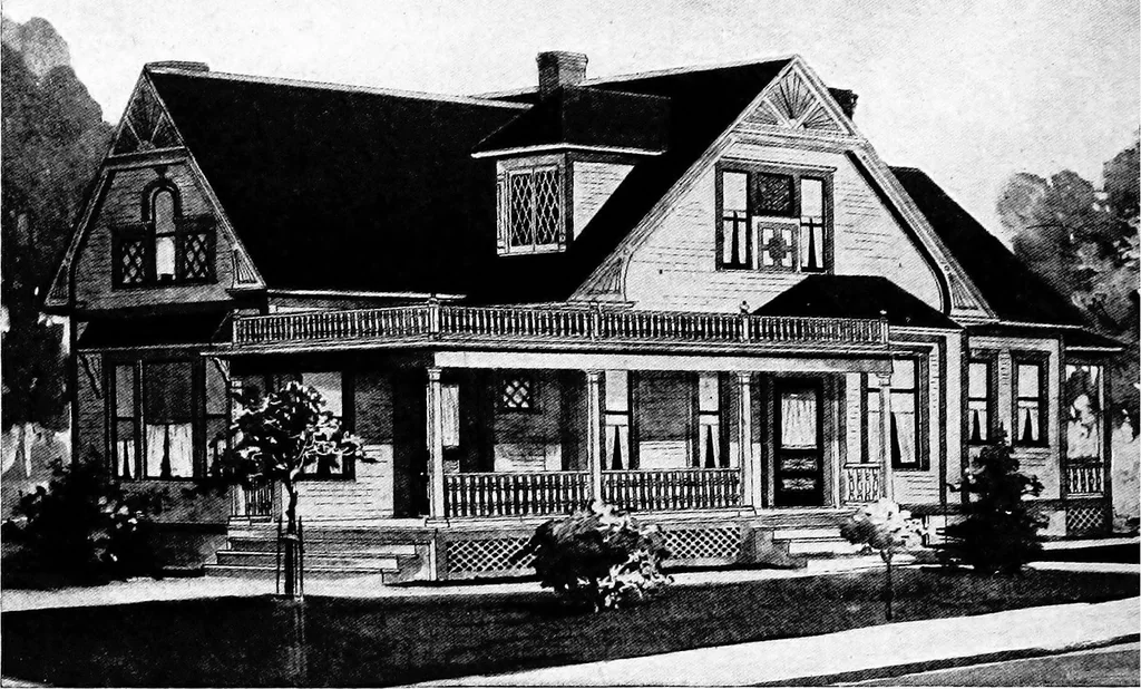 An illustration from Lumberman's house plan book : being a collection of one hundred absolutely new and attractive plans never before published, together with a selection of one hundred of our most popular houses published heretofore ... : 200 house plans, 1907, leaf 85
