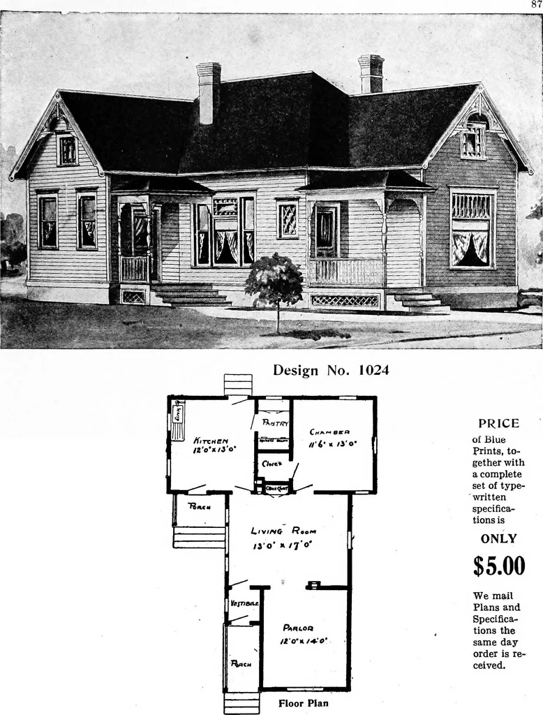 An illustration from Lumberman's house plan book : being a collection of one hundred absolutely new and attractive plans never before published, together with a selection of one hundred of our most popular houses published heretofore ... : 200 house plans, 1907, leaf 90