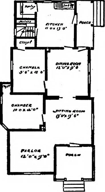 An illustration from Lumberman's house plan book : being a collection of one hundred absolutely new and attractive plans never before published, together with a selection of one hundred of our most popular houses published heretofore ... : 200 house plans, 1907, leaf 95