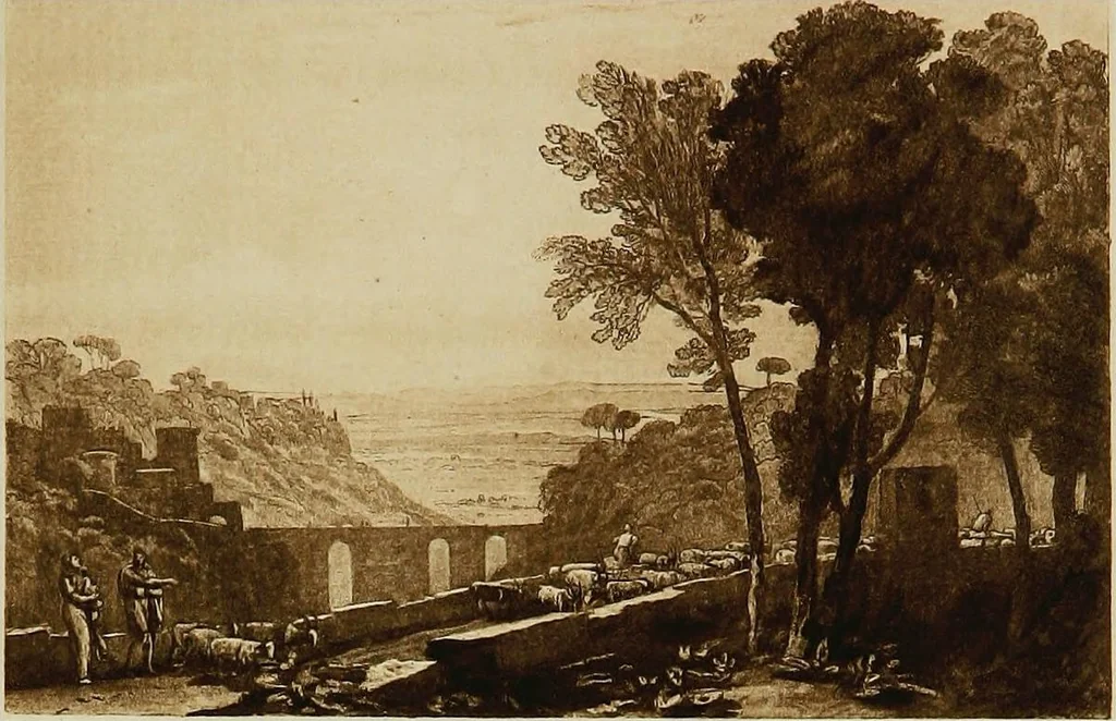 An illustration from A catalogue of the collection of prints from the Liber studiorum of Joseph Mallord William Turner, formed by the late Francis Bullard, of Boston, Massachusetts, and bequeathed by him to the Museum of fine arts in Boston, 1916, leaf 104