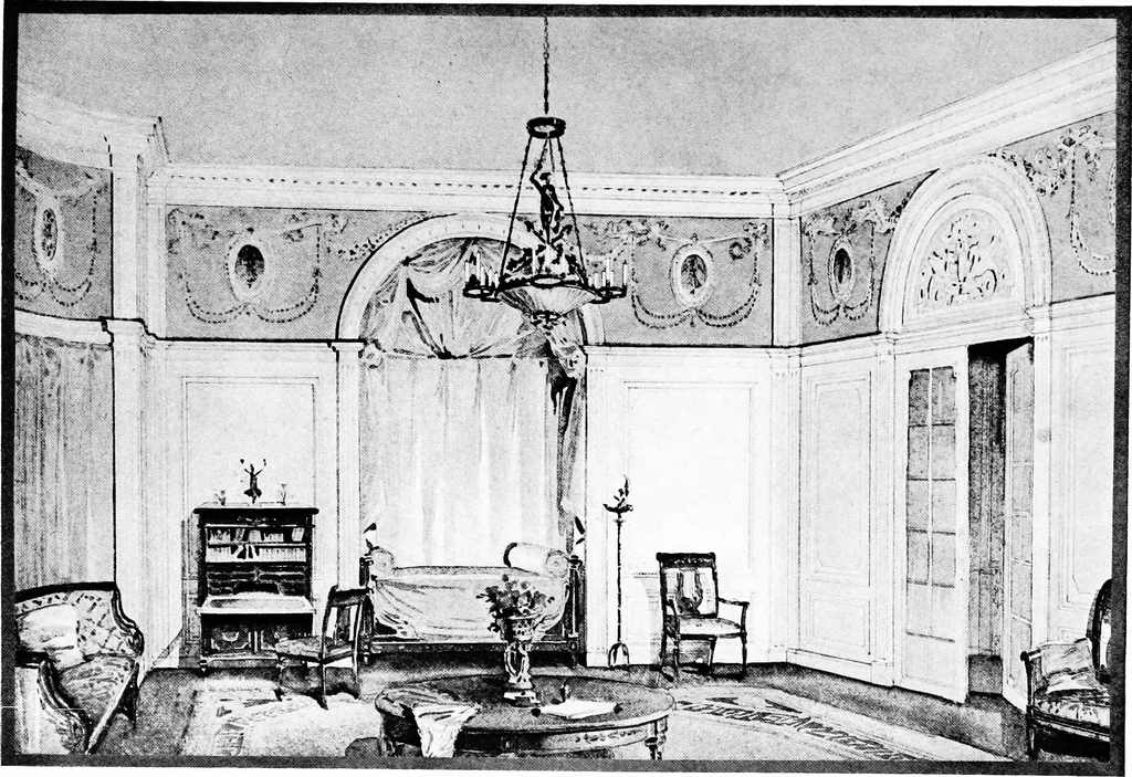An illustration from The room beautiful; a collection of interior illustrations showing decoration and furnishing details of the important furnishing periods, 1915, leaf 180