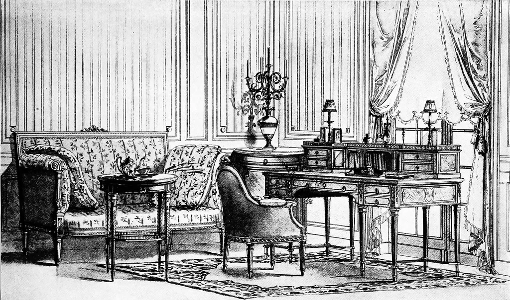 An illustration from The room beautiful; a collection of interior illustrations showing decoration and furnishing details of the important furnishing periods, 1915, leaf 90