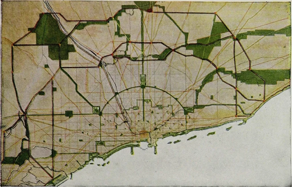 An illustration from Wacker's manual of the plan of Chicago: municipal economy. Especially prepared for study in the schools of Chicago., auspices of the Chicago Plan Commission .., 1920, leaf 119