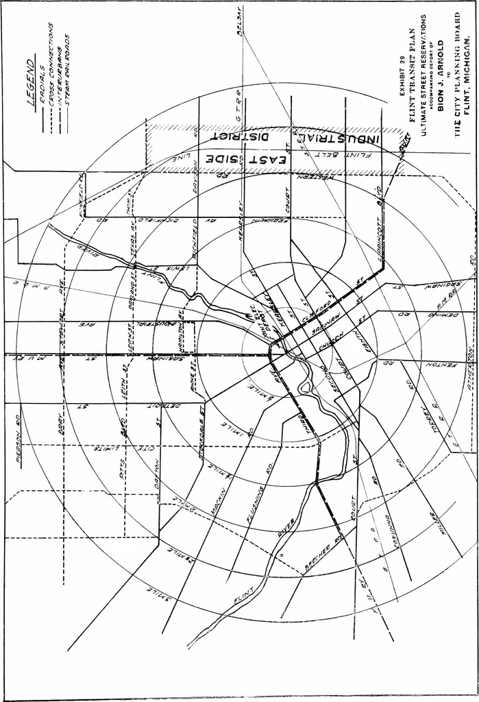 An illustration from The city plan of Flint, Michigan, including the reports of John Nolen, city planner, and Bion J. Arnold, transportation engineer, as approved by the City planning board and accepted by the Common council. George C. Kellar, mayor. Frank D. King, city clerk, 1920, leaf 107