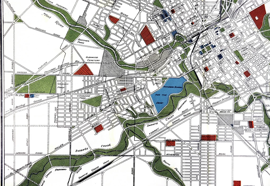 An illustration from The city plan of Flint, Michigan, including the reports of John Nolen, city planner, and Bion J. Arnold, transportation engineer, as approved by the City planning board and accepted by the Common council. George C. Kellar, mayor. Frank D. King, city clerk, 1920, leaf 119