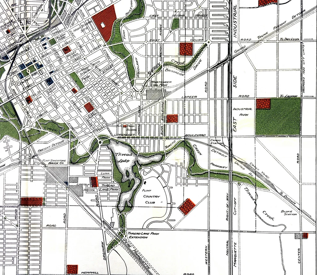 An illustration from The city plan of Flint, Michigan, including the reports of John Nolen, city planner, and Bion J. Arnold, transportation engineer, as approved by the City planning board and accepted by the Common council. George C. Kellar, mayor. Frank D. King, city clerk, 1920, leaf 120