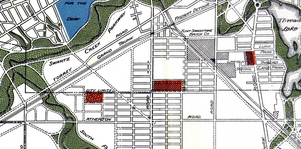 An illustration from The city plan of Flint, Michigan, including the reports of John Nolen, city planner, and Bion J. Arnold, transportation engineer, as approved by the City planning board and accepted by the Common council. George C. Kellar, mayor. Frank D. King, city clerk, 1920, leaf 121