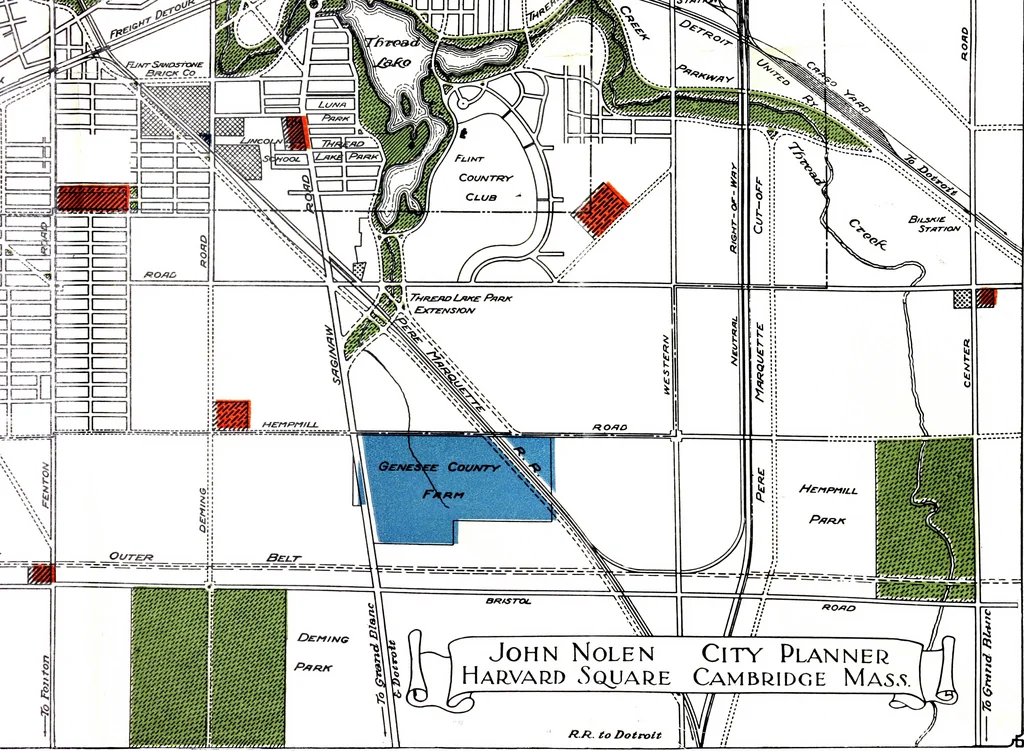 An illustration from The city plan of Flint, Michigan, including the reports of John Nolen, city planner, and Bion J. Arnold, transportation engineer, as approved by the City planning board and accepted by the Common council. George C. Kellar, mayor. Frank D. King, city clerk, 1920, leaf 122