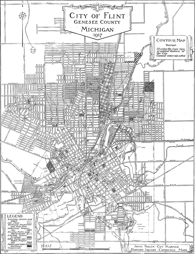 An illustration from The city plan of Flint, Michigan, including the reports of John Nolen, city planner, and Bion J. Arnold, transportation engineer, as approved by the City planning board and accepted by the Common council. George C. Kellar, mayor. Frank D. King, city clerk, 1920, leaf 16