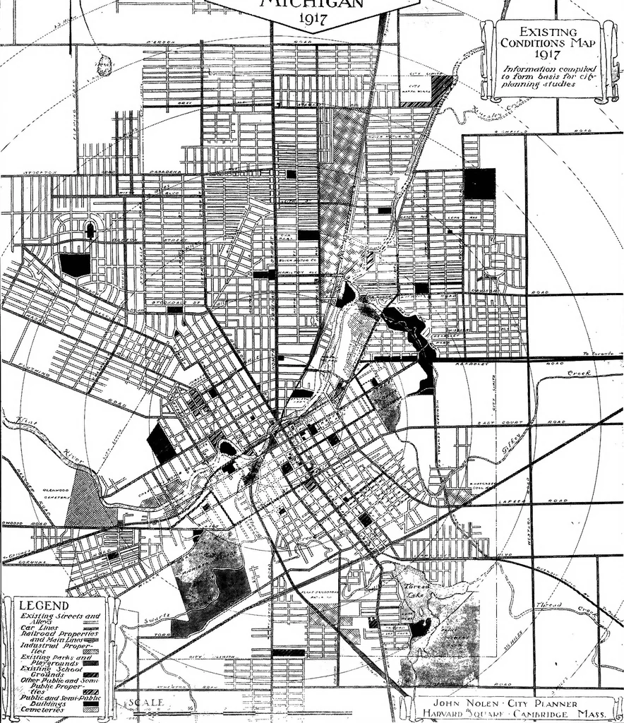 An illustration from The city plan of Flint, Michigan, including the reports of John Nolen, city planner, and Bion J. Arnold, transportation engineer, as approved by the City planning board and accepted by the Common council. George C. Kellar, mayor. Frank D. King, city clerk, 1920, leaf 18