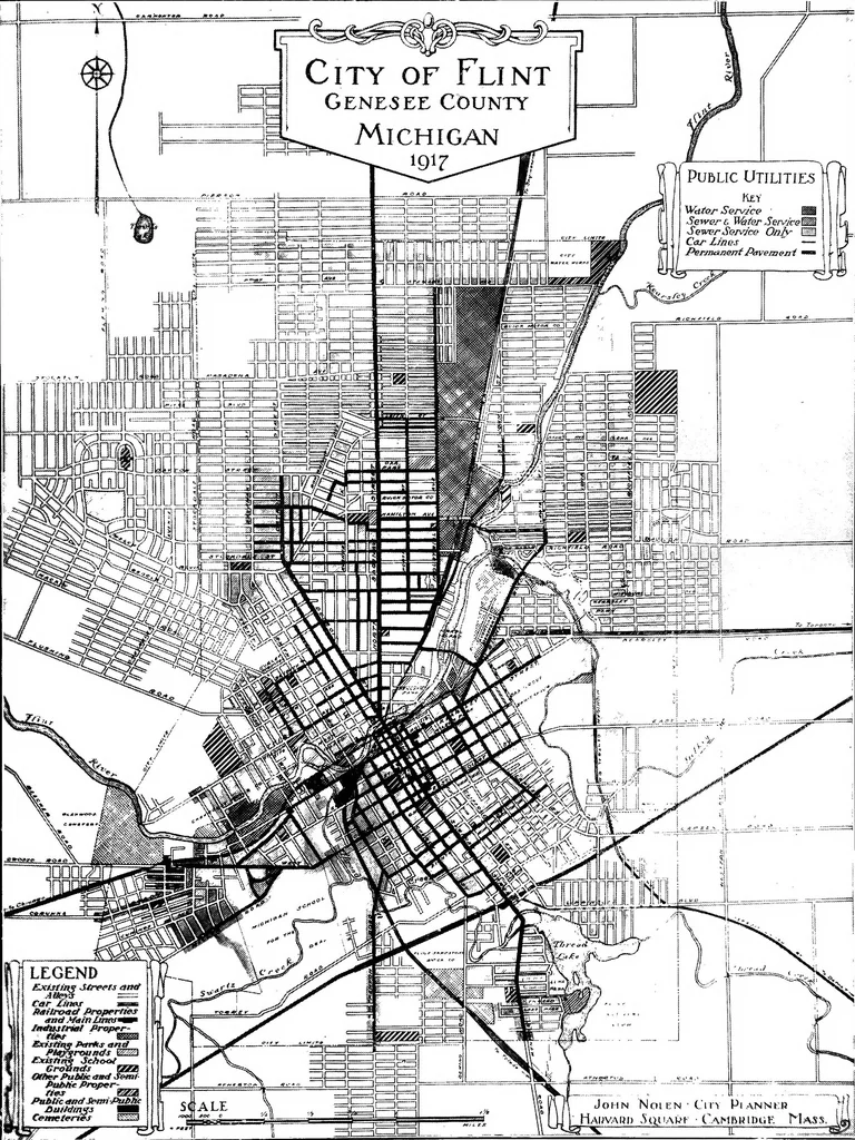 An illustration from The city plan of Flint, Michigan, including the reports of John Nolen, city planner, and Bion J. Arnold, transportation engineer, as approved by the City planning board and accepted by the Common council. George C. Kellar, mayor. Frank D. King, city clerk, 1920, leaf 20