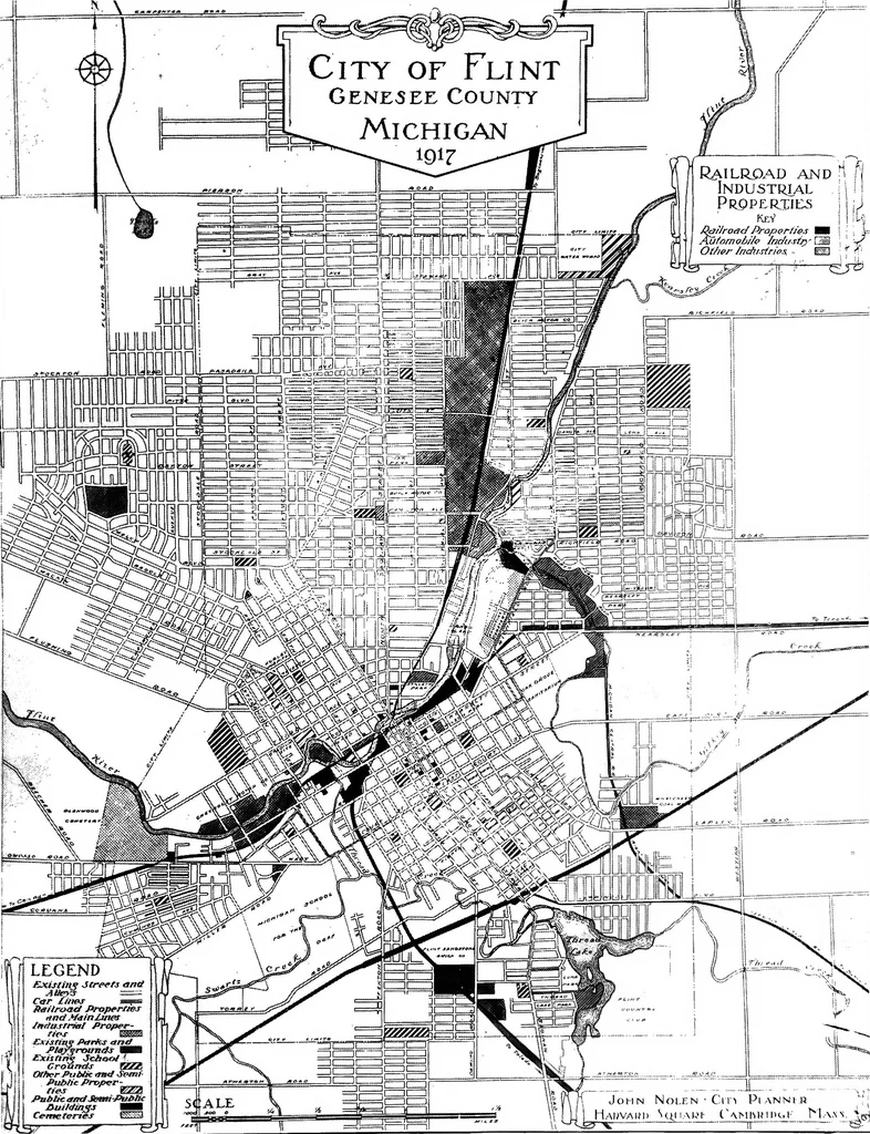 An illustration from The city plan of Flint, Michigan, including the reports of John Nolen, city planner, and Bion J. Arnold, transportation engineer, as approved by the City planning board and accepted by the Common council. George C. Kellar, mayor. Frank D. King, city clerk, 1920, leaf 22