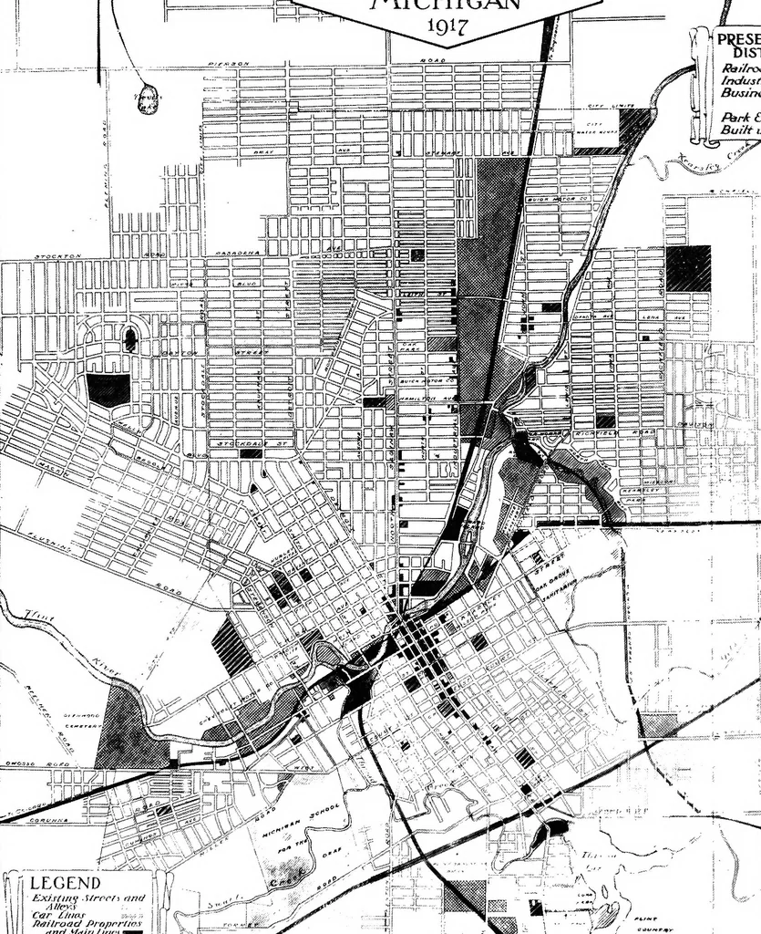 An illustration from The city plan of Flint, Michigan, including the reports of John Nolen, city planner, and Bion J. Arnold, transportation engineer, as approved by the City planning board and accepted by the Common council. George C. Kellar, mayor. Frank D. King, city clerk, 1920, leaf 24