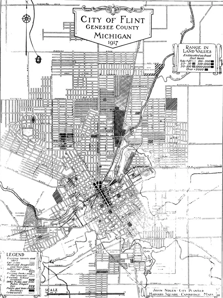 An illustration from The city plan of Flint, Michigan, including the reports of John Nolen, city planner, and Bion J. Arnold, transportation engineer, as approved by the City planning board and accepted by the Common council. George C. Kellar, mayor. Frank D. King, city clerk, 1920, leaf 26