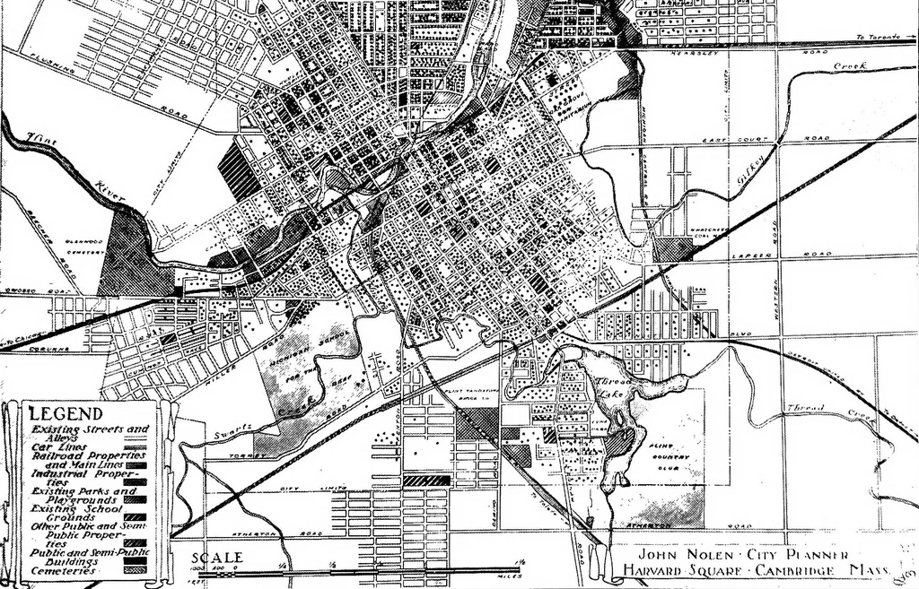 An illustration from The city plan of Flint, Michigan, including the reports of John Nolen, city planner, and Bion J. Arnold, transportation engineer, as approved by the City planning board and accepted by the Common council. George C. Kellar, mayor. Frank D. King, city clerk, 1920, leaf 28