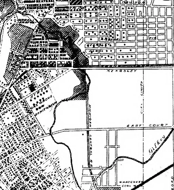 An illustration from The city plan of Flint, Michigan, including the reports of John Nolen, city planner, and Bion J. Arnold, transportation engineer, as approved by the City planning board and accepted by the Common council. George C. Kellar, mayor. Frank D. King, city clerk, 1920, leaf 28