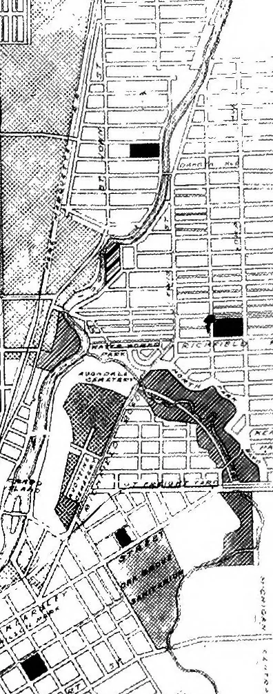 An illustration from The city plan of Flint, Michigan, including the reports of John Nolen, city planner, and Bion J. Arnold, transportation engineer, as approved by the City planning board and accepted by the Common council. George C. Kellar, mayor. Frank D. King, city clerk, 1920, leaf 30