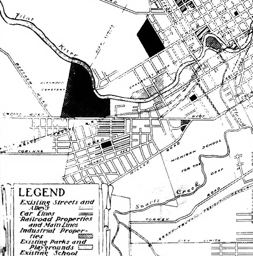 An illustration from The city plan of Flint, Michigan, including the reports of John Nolen, city planner, and Bion J. Arnold, transportation engineer, as approved by the City planning board and accepted by the Common council. George C. Kellar, mayor. Frank D. King, city clerk, 1920, leaf 30