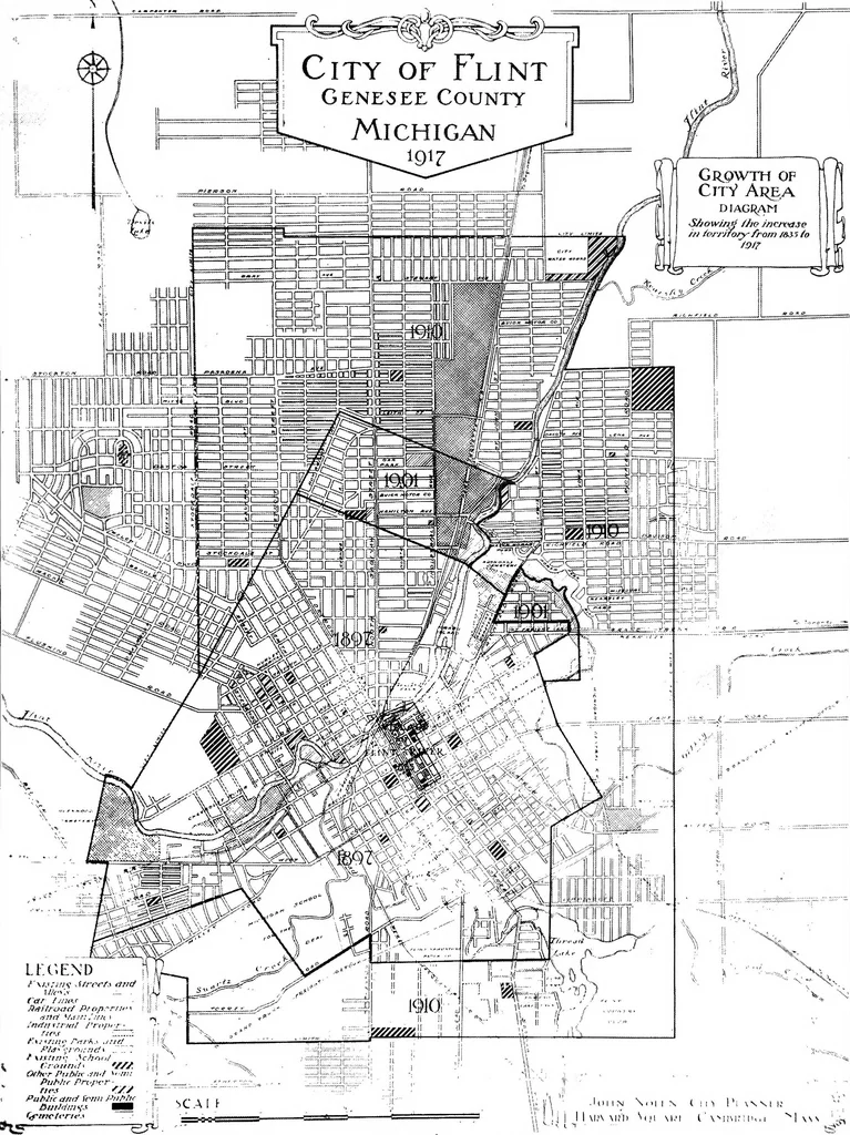 An illustration from The city plan of Flint, Michigan, including the reports of John Nolen, city planner, and Bion J. Arnold, transportation engineer, as approved by the City planning board and accepted by the Common council. George C. Kellar, mayor. Frank D. King, city clerk, 1920, leaf 32