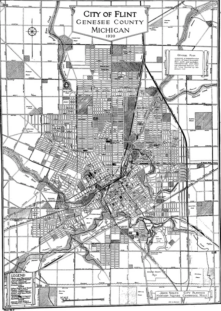 An illustration from The city plan of Flint, Michigan, including the reports of John Nolen, city planner, and Bion J. Arnold, transportation engineer, as approved by the City planning board and accepted by the Common council. George C. Kellar, mayor. Frank D. King, city clerk, 1920, leaf 36