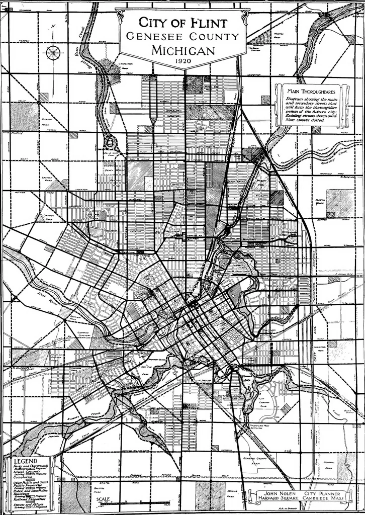 An illustration from The city plan of Flint, Michigan, including the reports of John Nolen, city planner, and Bion J. Arnold, transportation engineer, as approved by the City planning board and accepted by the Common council. George C. Kellar, mayor. Frank D. King, city clerk, 1920, leaf 38