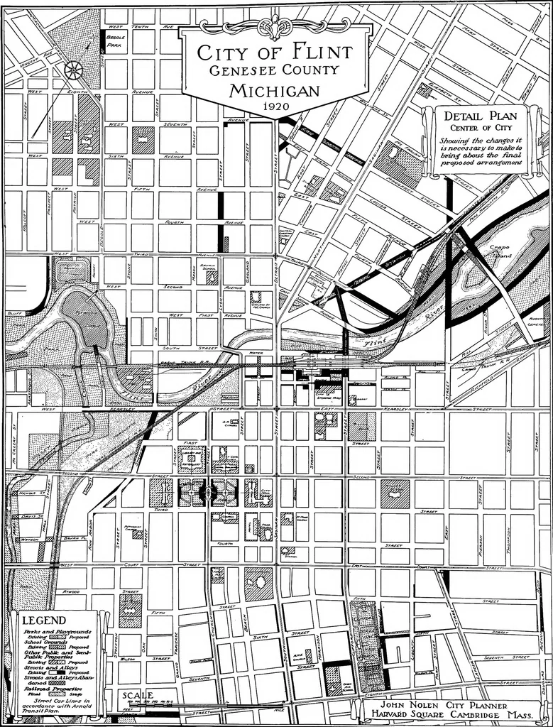 An illustration from The city plan of Flint, Michigan, including the reports of John Nolen, city planner, and Bion J. Arnold, transportation engineer, as approved by the City planning board and accepted by the Common council. George C. Kellar, mayor. Frank D. King, city clerk, 1920, leaf 42