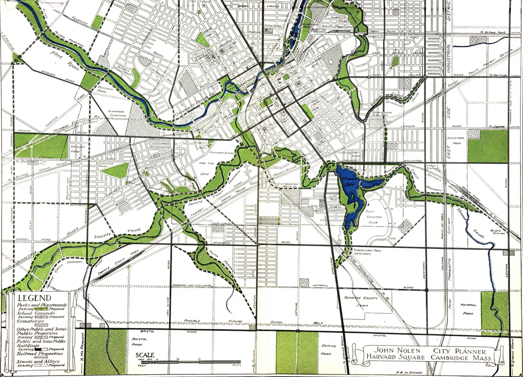 An illustration from The city plan of Flint, Michigan, including the reports of John Nolen, city planner, and Bion J. Arnold, transportation engineer, as approved by the City planning board and accepted by the Common council. George C. Kellar, mayor. Frank D. King, city clerk, 1920, leaf 46