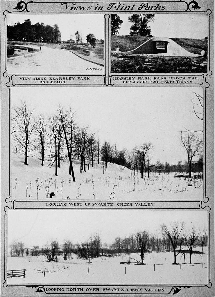 An illustration from The city plan of Flint, Michigan, including the reports of John Nolen, city planner, and Bion J. Arnold, transportation engineer, as approved by the City planning board and accepted by the Common council. George C. Kellar, mayor. Frank D. King, city clerk, 1920, leaf 57
