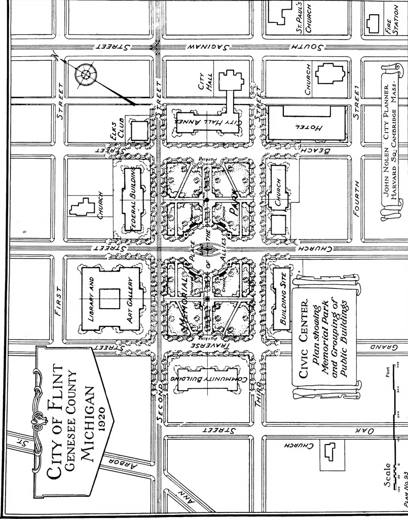 An illustration from The city plan of Flint, Michigan, including the reports of John Nolen, city planner, and Bion J. Arnold, transportation engineer, as approved by the City planning board and accepted by the Common council. George C. Kellar, mayor. Frank D. King, city clerk, 1920, leaf 60