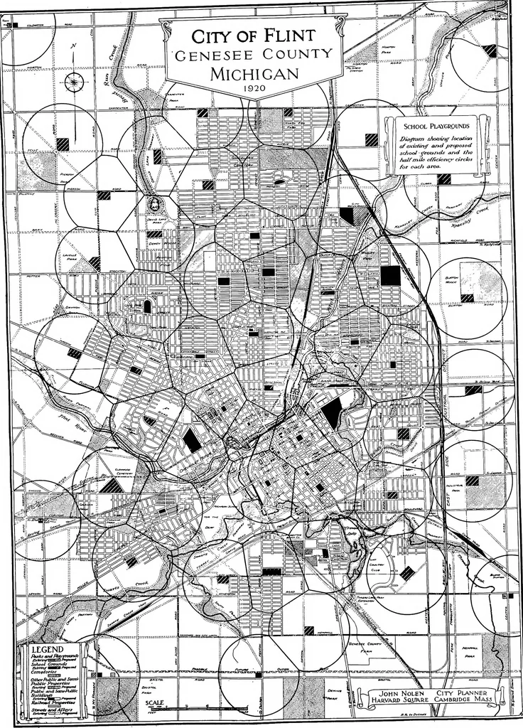 An illustration from The city plan of Flint, Michigan, including the reports of John Nolen, city planner, and Bion J. Arnold, transportation engineer, as approved by the City planning board and accepted by the Common council. George C. Kellar, mayor. Frank D. King, city clerk, 1920, leaf 64
