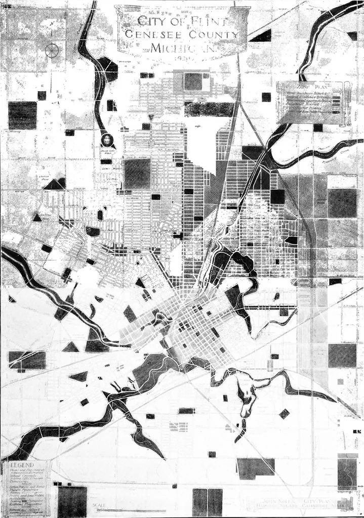 An illustration from The city plan of Flint, Michigan, including the reports of John Nolen, city planner, and Bion J. Arnold, transportation engineer, as approved by the City planning board and accepted by the Common council. George C. Kellar, mayor. Frank D. King, city clerk, 1920, leaf 68