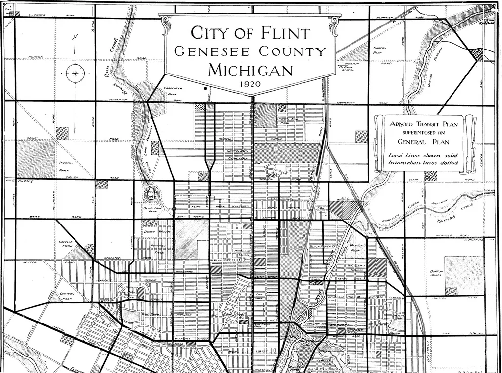 An illustration from The city plan of Flint, Michigan, including the reports of John Nolen, city planner, and Bion J. Arnold, transportation engineer, as approved by the City planning board and accepted by the Common council. George C. Kellar, mayor. Frank D. King, city clerk, 1920, leaf 75