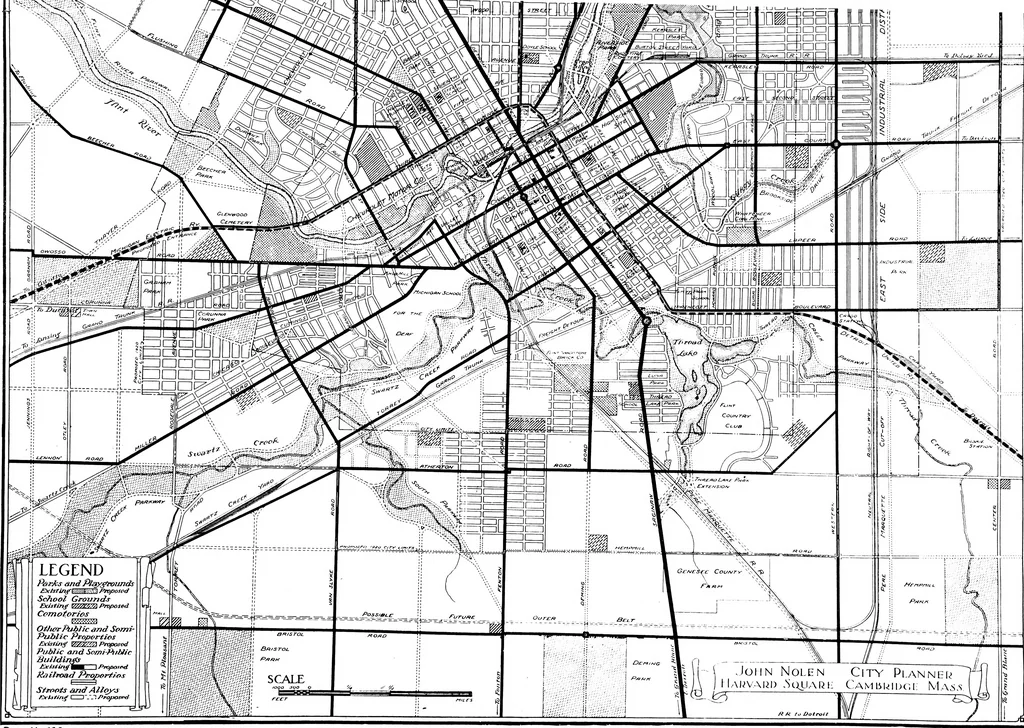 An illustration from The city plan of Flint, Michigan, including the reports of John Nolen, city planner, and Bion J. Arnold, transportation engineer, as approved by the City planning board and accepted by the Common council. George C. Kellar, mayor. Frank D. King, city clerk, 1920, leaf 76