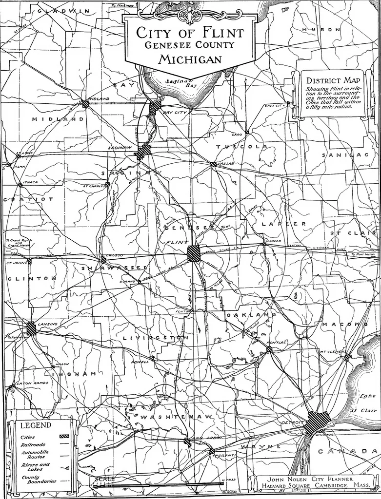 An illustration from The city plan of Flint, Michigan, including the reports of John Nolen, city planner, and Bion J. Arnold, transportation engineer, as approved by the City planning board and accepted by the Common council. George C. Kellar, mayor. Frank D. King, city clerk, 1920, leaf 8