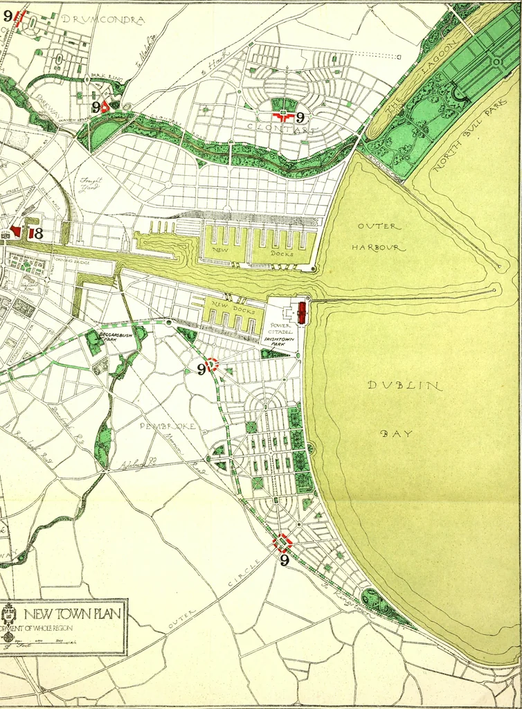 An illustration from Dublin of the future : the new town plan, being the scheme awarded teh first prize in the international competition, 1922, leaf 147