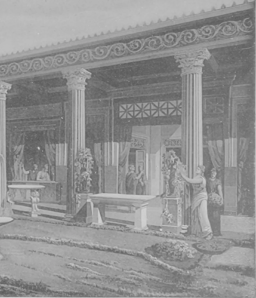 An illustration from Pompei past and present; its principal monuments as they are and as they used to be, reproduced and restored from photographs and original sketches, 1905, leaf 34