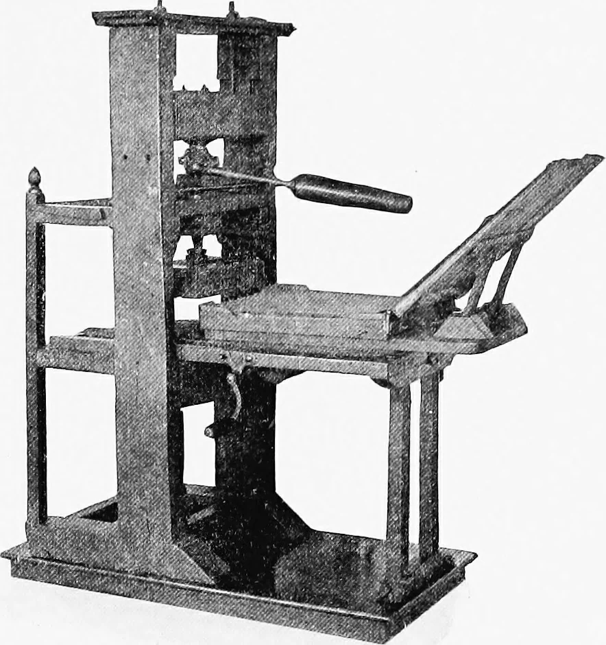 An illustration from A short history of the printing press and of the improvements in printing machinery from the time of Gutenberg up to the present day, 1902, leaf 10