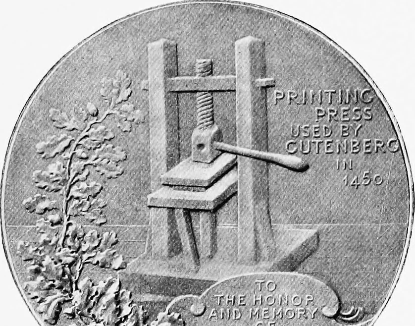 An illustration from A short history of the printing press and of the improvements in printing machinery from the time of Gutenberg up to the present day, 1902, leaf 6